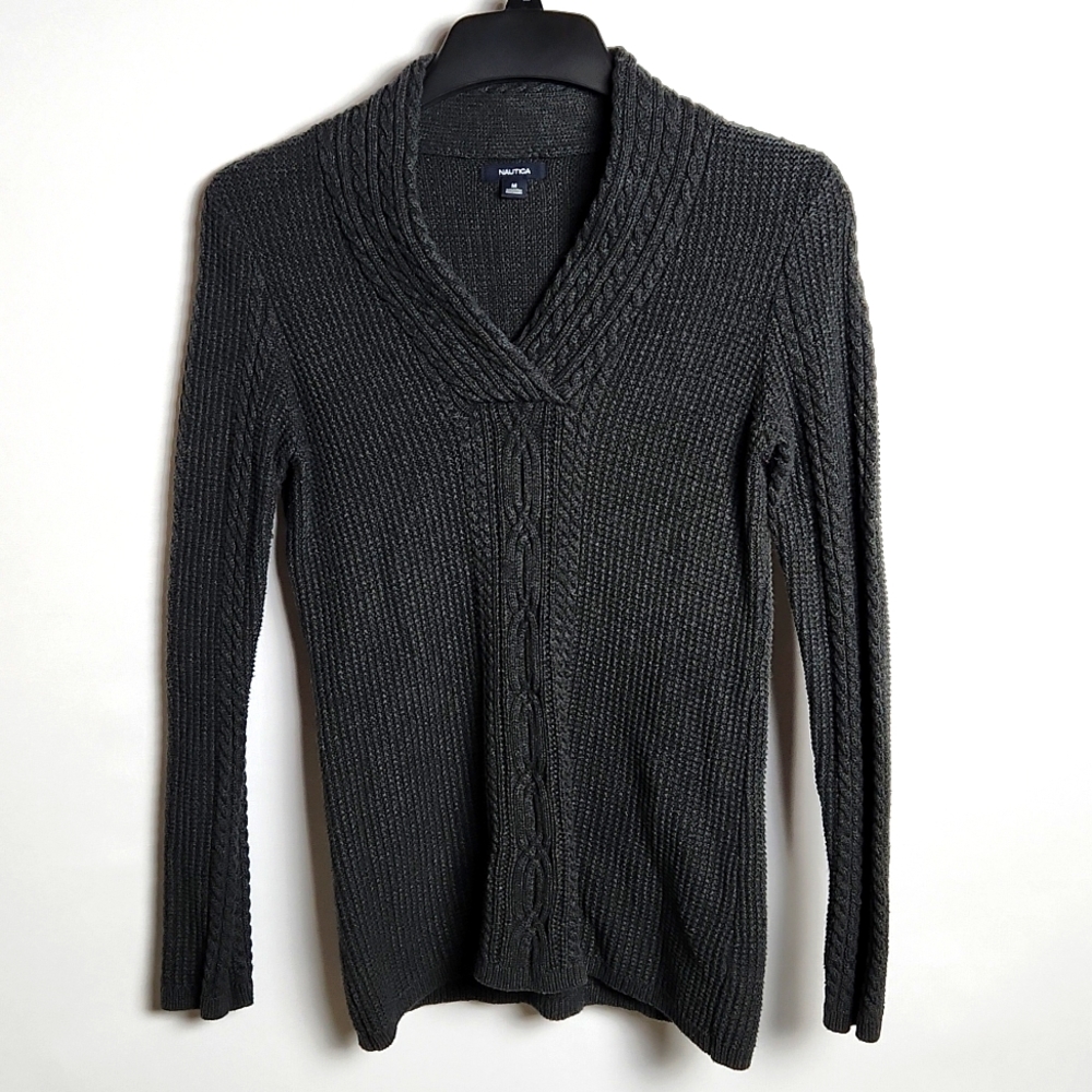Nautica Cable Knit Gray V neck  Long sleeve  sweater Size-Med